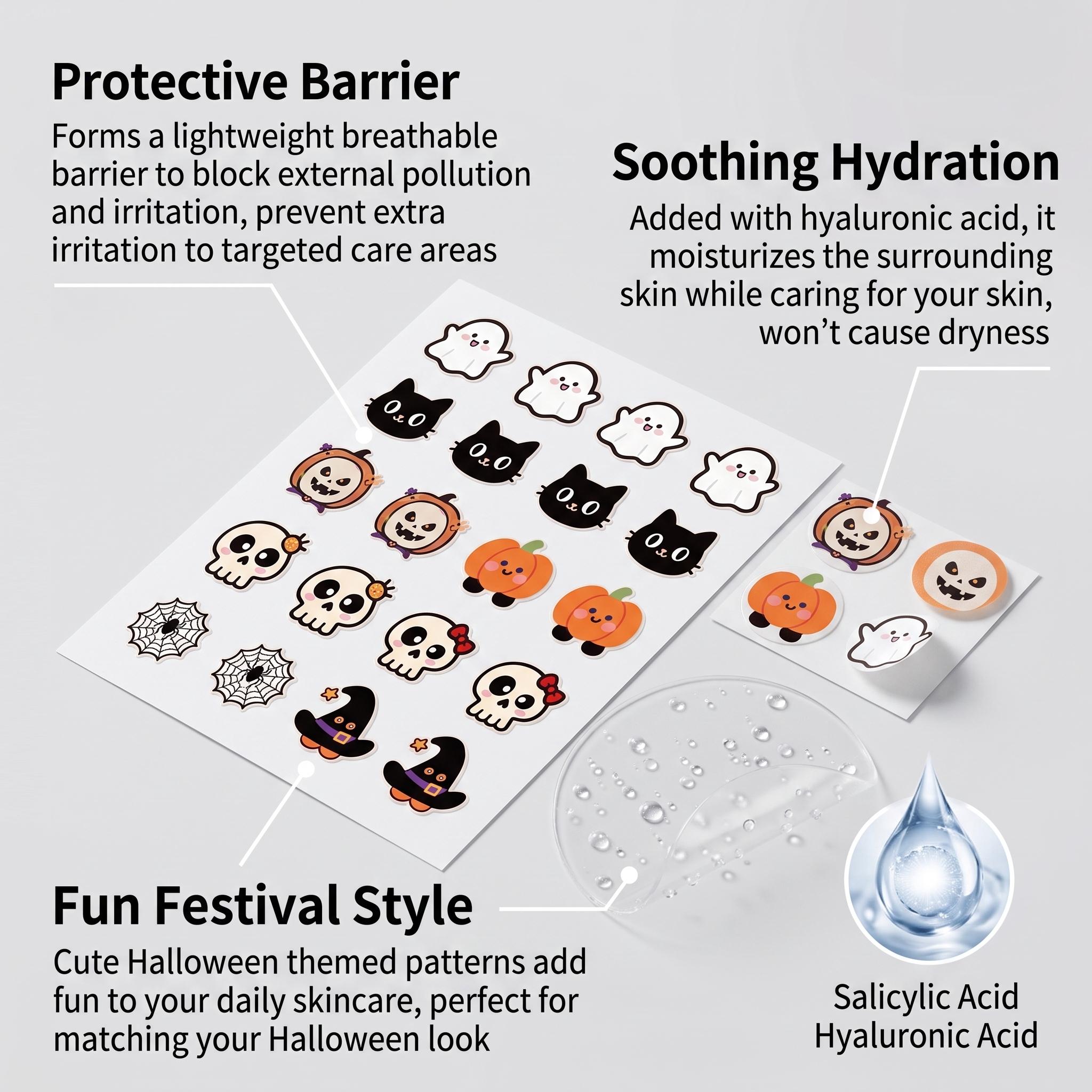 Skincare Moisturizer - แผ่นแปะสิวสำหรับฮาโลวีน กรดซาลิไซลิก ทำความสะอาดล้ำลึก บรรเทาอาการแดง แผ่นแปะไฮโดรคอลลอยด์แบบใส ดูแลปัญหาสิวบนใบหน้า